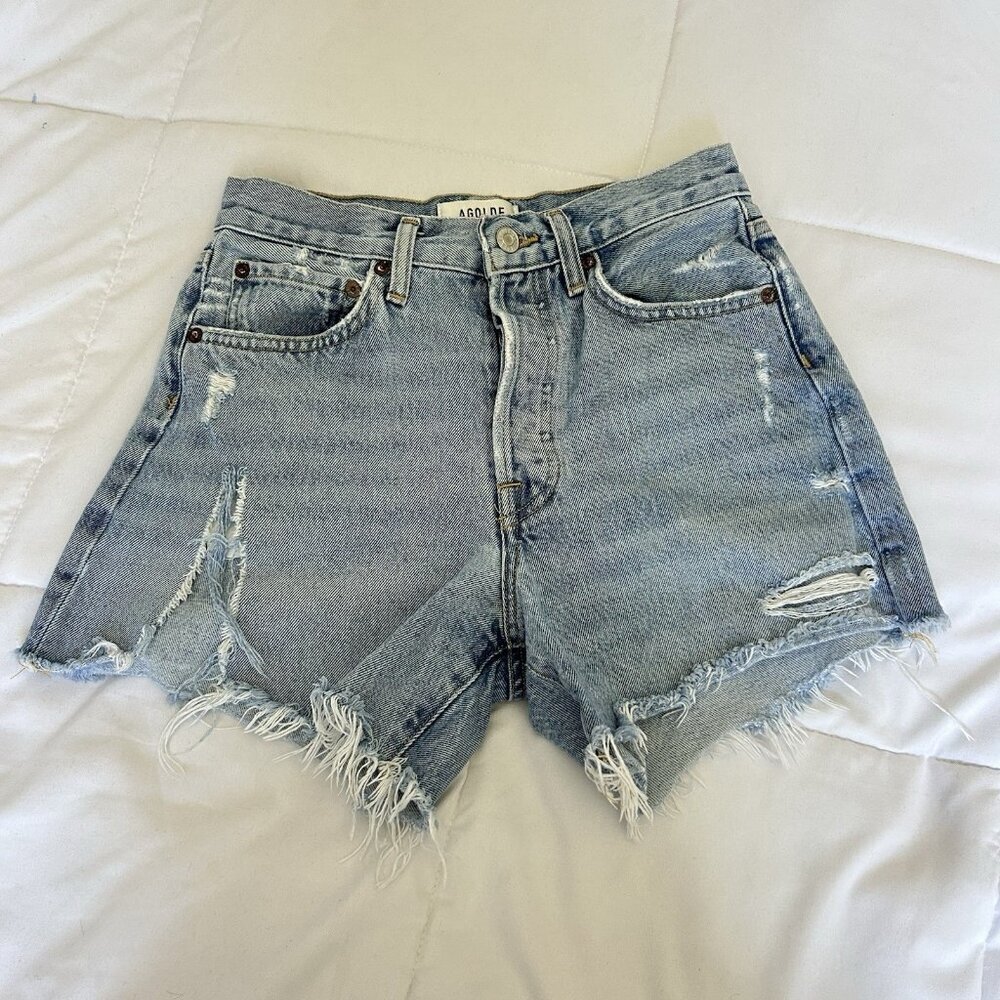 Agolde Long Parker Distressed Denim Shorts Light Wash Button-Fly Womens 24